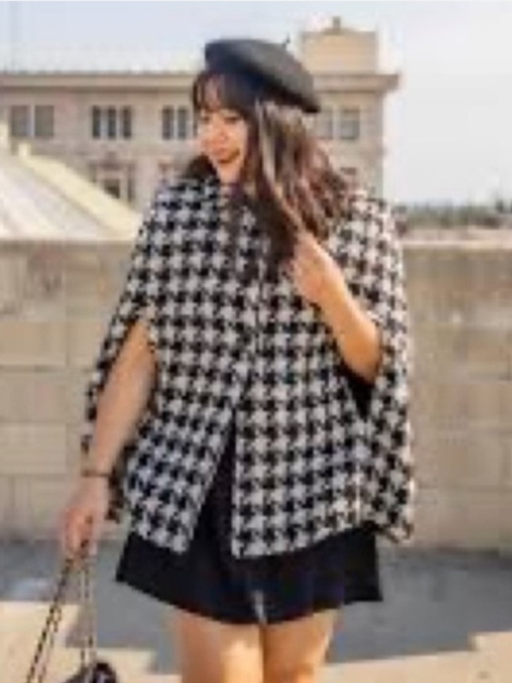 ModCloth Houndstooth Cape Coat Black White XS NWT